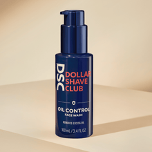 Dollar Shave Club Oil Control Face Wash against tan backdrop.